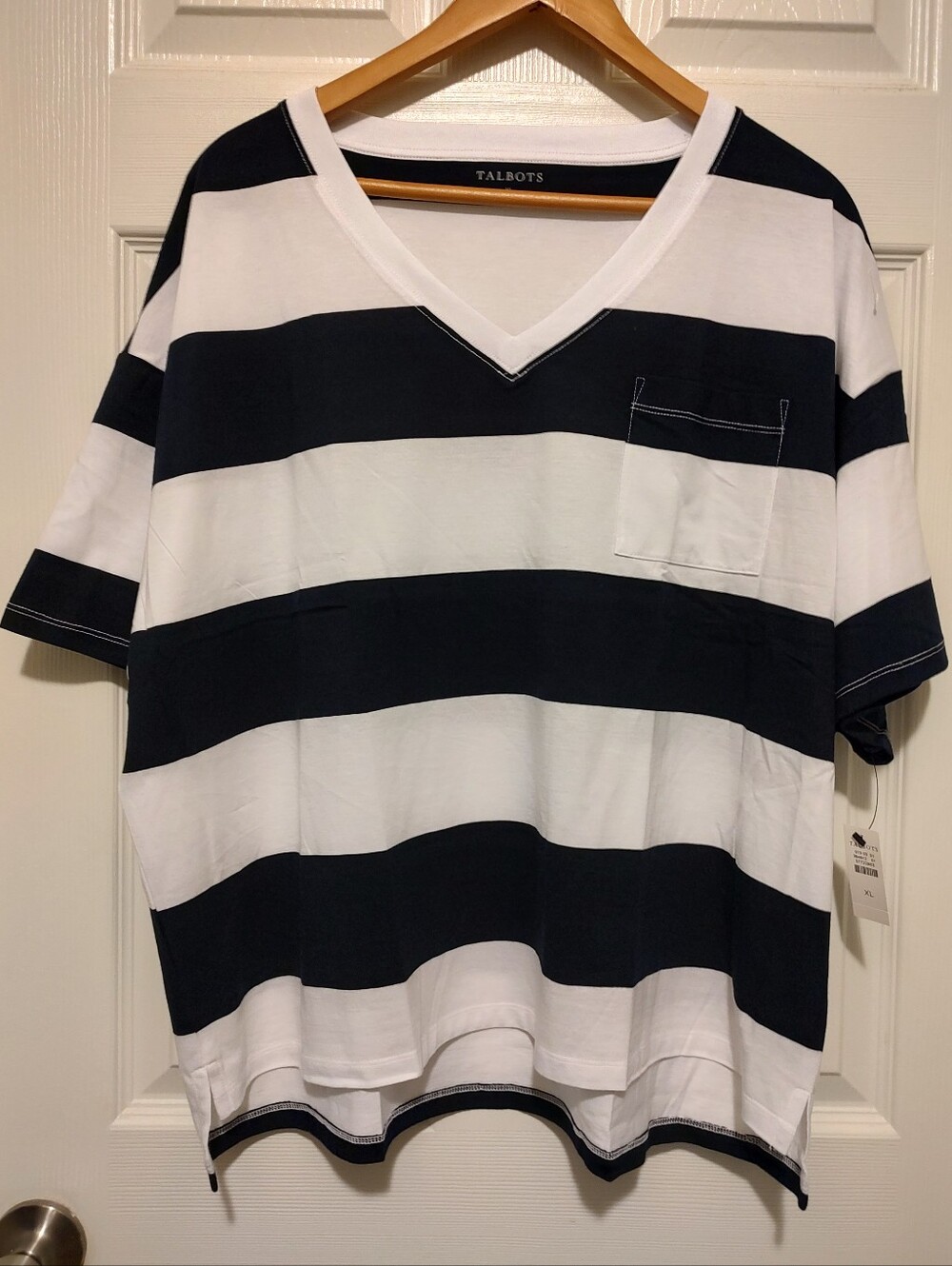 Talbots Navy and White Wide Stripe V-Neck Tee